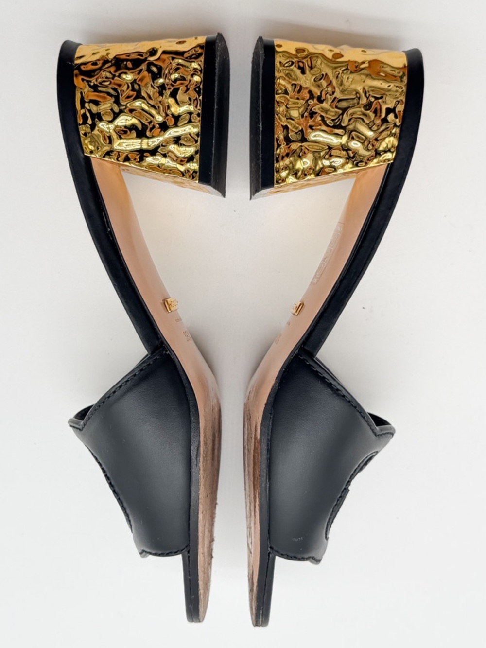 Gucci Cosmos Cut Out GG Slide Black Leather Sandals Gold Heel EU 39.5 US 9.5 - Picture 11 of 11